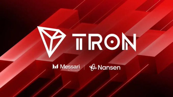 Red promotional graphic featuring the TRON logo with the names 'Messari' and 'Nansen' displayed below, set against a backdrop of red 3D geometric blocks.