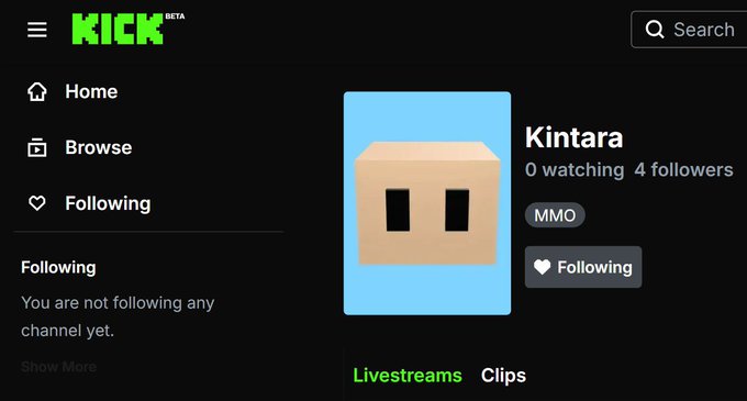 A screenshot of the KICK streaming platform showing a channel page for 'Kintara' with 0 watching and 4 followers, categorized under 'MMO' with a cardboard box profile picture.