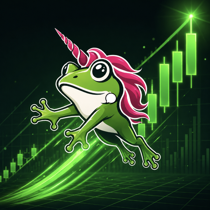 A cartoon green frog with a pink unicorn horn and mane leaping in front of a green stock chart with rising candlesticks.
