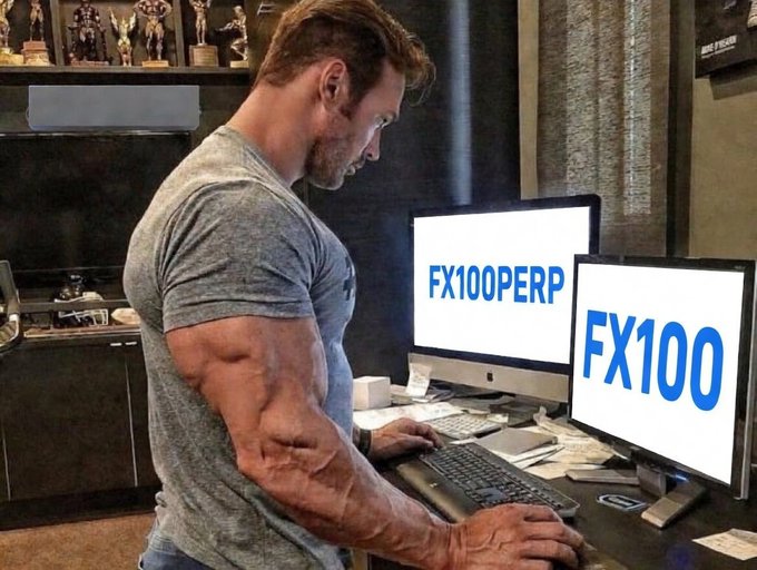 A muscular man stands at a dual-monitor desk displaying "FX100PERP" and "FX100" on the screens.