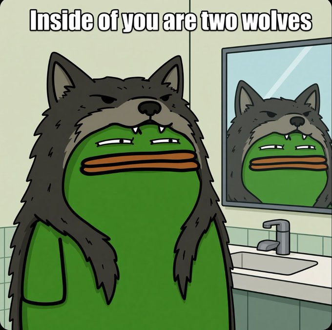 A meme illustration of a green Pepe the Frog wearing a gray wolf headdress, standing in a bathroom looking into a mirror with the caption 'Inside of you are two wolves'.