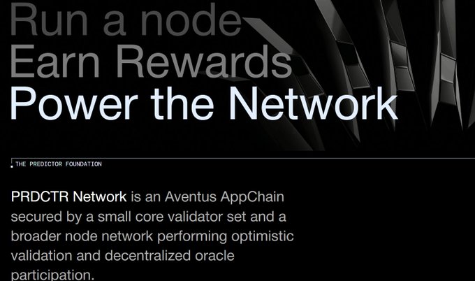 A promotional graphic with the headlines 'Run a node / Earn Rewards / Power the Network' describing the PRDCTR Network as an 'Aventus AppChain' secured by validators and a node network for optimistic validation and decentralized oracle participation.