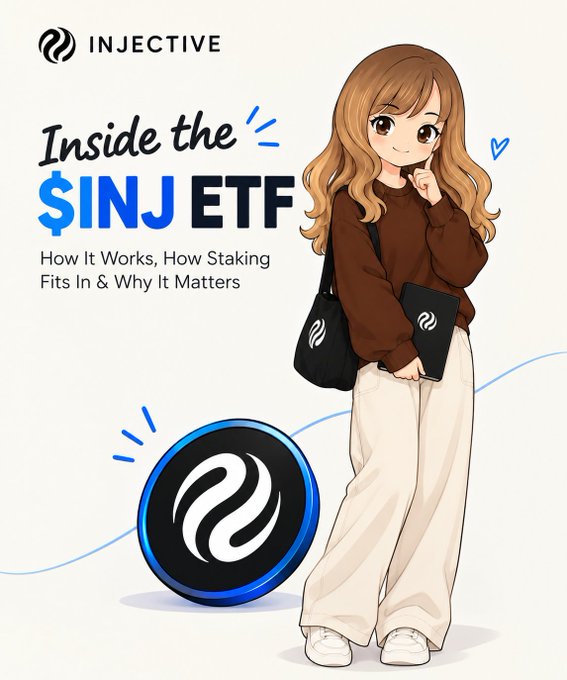 A promotional graphic for Injective titled 'Inside the $INJ ETF: How It Works, How Staking Fits In & Why It Matters,' featuring an anime-style illustration of a young woman with brown hair holding a black folder with the Injective logo.