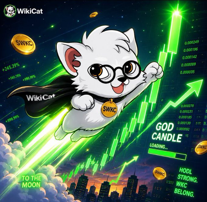 Promotional graphic for WikiCat ($WKC) meme coin featuring an anime-style cat superhero with glasses flying over a green candlestick chart with text like 'GOD CANDLE', 'TO THE MOON', and 'HODL STRONG. WKC BELONG.'
