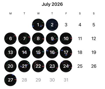 A July 2026 calendar graphic where certain dates are highlighted with black circles containing Bitcoin price information.