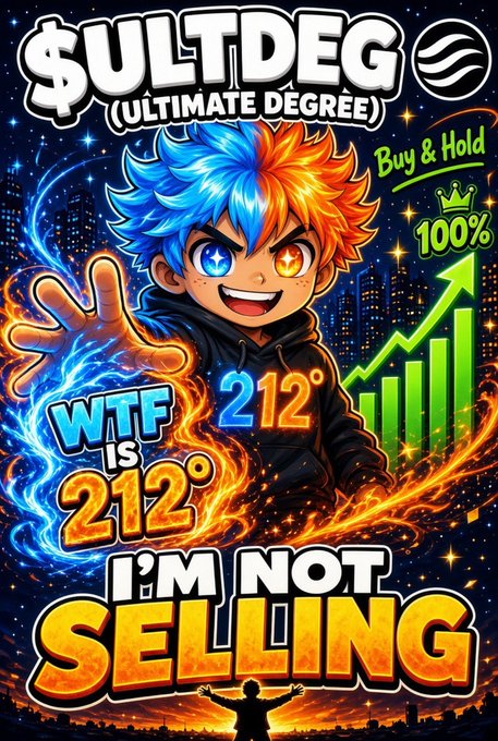 A vibrant anime-style graphic featuring a character with split blue and orange hair, prominently displaying cryptocurrency-style branding "$ULTDEG (ULTIMATE DEGREE)" with text "WTF IS 212°", "I'M NOT SELLING", "Buy & Hold", and a green upward arrow chart showing 100% growth.