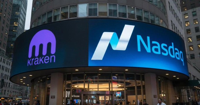 A digital display for the Nasdaq stock exchange shows logos for Kraken and Nasdaq on the exterior of a curved building.