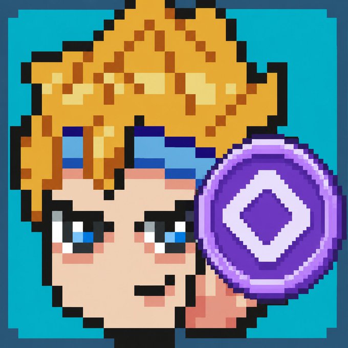 A pixel art style image showing a blonde character with a blue headband holding a purple and white circular shield, with a censored black bar over the mouth area.