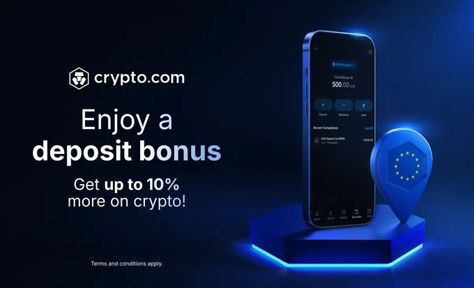 A promotional advertisement from Crypto.com featuring their logo and a smartphone displaying the app interface, highlighting a deposit bonus offering new EEA users up to 10% more on crypto, accompanied by a location pin marked with the EU stars symbol—reinforcing the post's emphasis on Crypto.com's MiCA license for users in the European Economic Area.