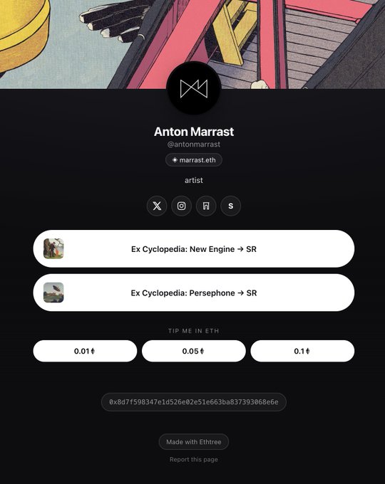 A dark-themed tip page for artist Anton Marrast (@antonmarrast) showing ETH tip options (0.01, 0.05, 0.1) and links for 'Ex Cyclopedia: New Engine → SR' and 'Ex Cyclopedia: Persephone → SR'.