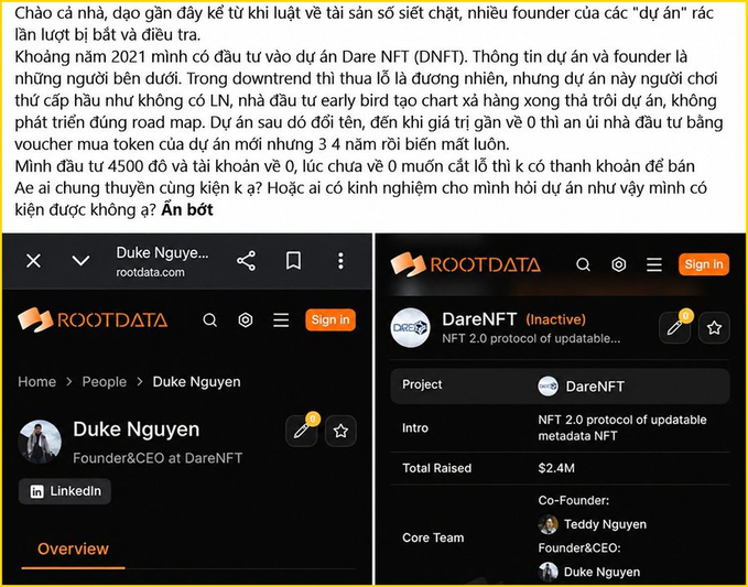 A Vietnamese Facebook post discussing an NFT scam involving Dare NFT (DNFT), showing RootData profiles of founders Duke Nguyen and Teddy Nguyen, with mentions of 4,500 đồ losses and a 3-4 năm ROI timeline.