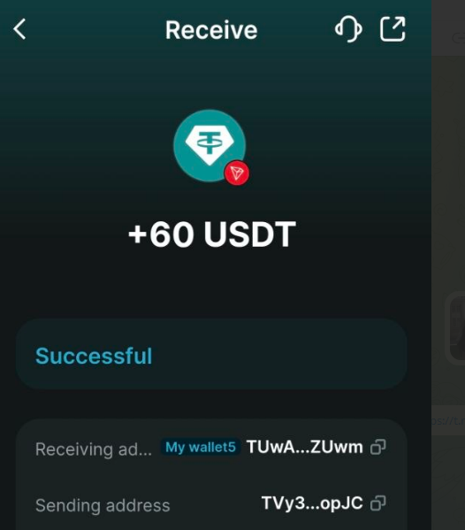 A mobile wallet 'Receive' screen showing a successful transfer of +60 USDT (Tether), with truncated addresses for receiving (TUwA...ZUwm) and sending (TVy3...opJC).