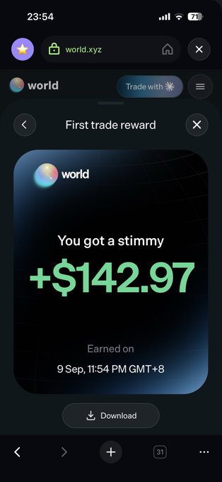 A mobile screenshot from world.xyz showing a 'First trade reward' notification with the text 'You got a stimmy +$142.97' earned on 9 Sep, 11:54 PM GMT+8.