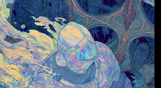 An astronaut in a shimmering, iridescent suit floats through a surreal cosmic landscape with ornate archways and swirling flame-like energy, embodying the mystical "Etheric Abyss" theme of the post.