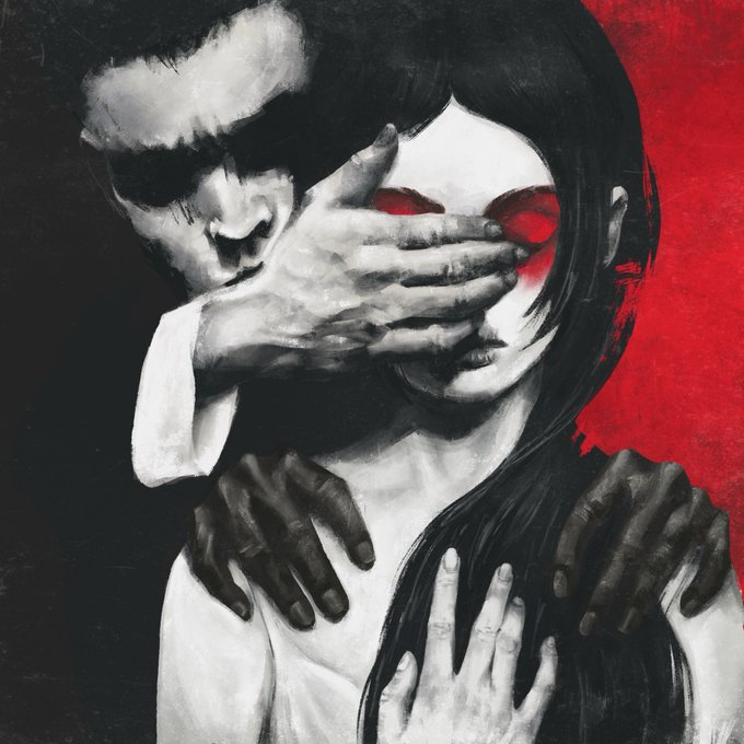 A black-and-white Procreate illustration with vivid red accents shows a man embracing a woman from behind while covering her eyes, evoking the post’s “No looking” theme of consent, fear, trust, and not knowing.
