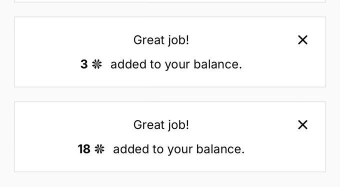 Two notification boxes on a white background read 'Great job! 3 ❄ added to your balance.' and 'Great job! 18 ❄ added to your balance.'
