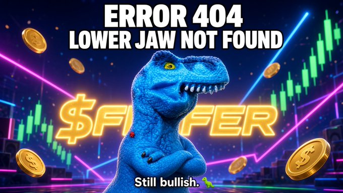 A crypto meme image shows a blue T-Rex dinosaur with the text 'ERROR 404 LOWER JAW NOT FOUND' at the top, '$FLIPPER' in glowing neon letters behind it, and 'Still bullish.' written at the bottom.