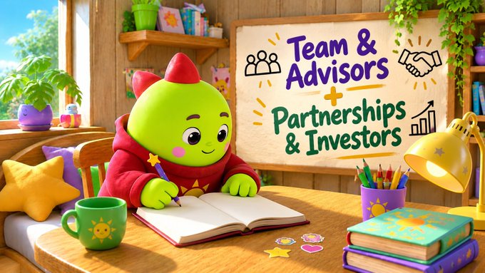 A colorful 3D illustration shows a green character in a red hoodie writing in a notebook at a desk, with a board behind displaying the text 'Team & Advisors + Partnerships & Investors' alongside icons of people and a rising chart.