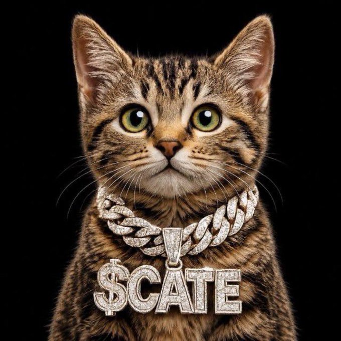 A serious-looking tabby kitten wearing a diamond-encrusted chain featuring a "$CATE" pendant, the bold text visually anchoring the post's bullish speculation about the meme coin's potential to reach a billion-dollar market cap. The luxurious hip-hop styling reinforces the post's tone of imagining mass retail hype driving the token upward.