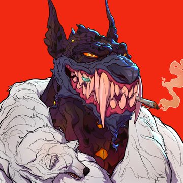 A stylized illustration of a snarling, monstrous dark blue werewolf-like creature with sharp teeth and a cigarette in its mouth, wearing a light-colored fur coat against a bright red background.