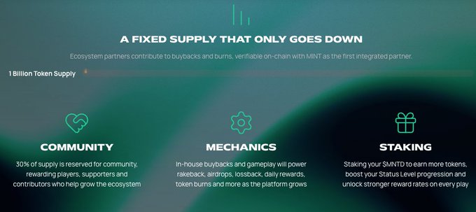A presentation slide titled 'A FIXED SUPPLY THAT ONLY GOES DOWN' discusses a '1 Billion Token Supply' with three icons labeled 'COMMUNITY', 'MECHANICS', and 'STAKING', explaining how token burns and gameplay reward players.