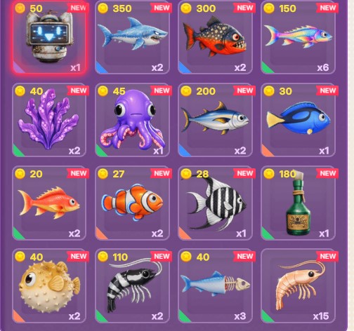 A screenshot from Decentraland's fishing game shop displaying various purchasable sea creatures with their coin prices (ranging from 20 to 350) and quantities, including a shark (350 coins), octopus (45 coins), pufferfish (40 coins), and shrimp (40 coins), all marked as "NEW." The image relates to the post by showcasing the rare and epic fish the player caught using their new rod in the cozy fishing season event.