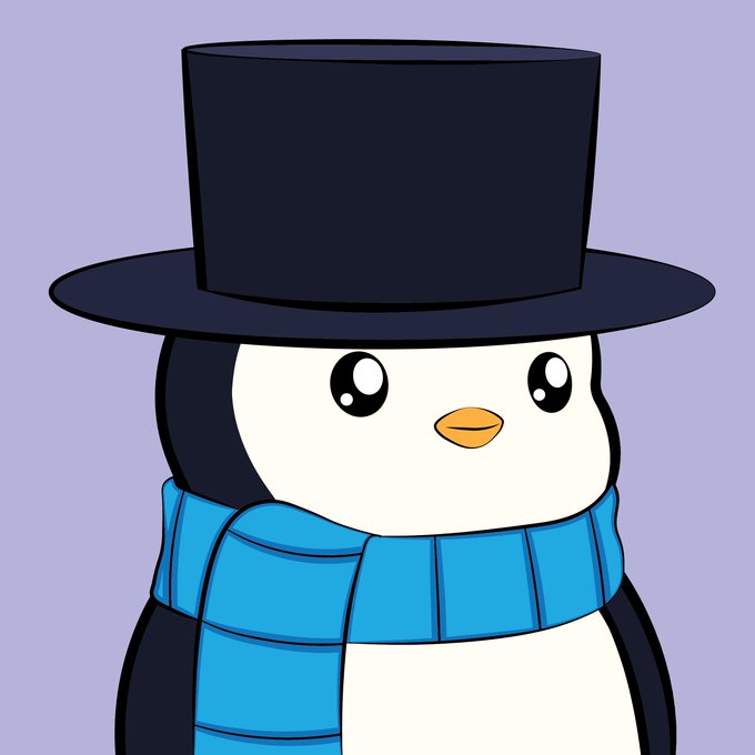 A cartoon penguin wearing a black top hat and a blue scarf against a light purple background, resembling a cryptocurrency meme character.