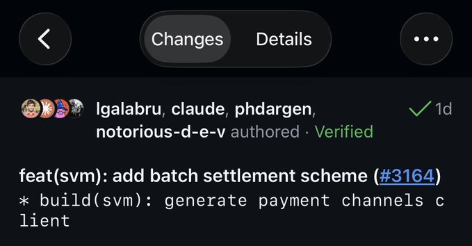 A dark-themed software pull request screen showing a commit titled 'feat(svm): add batch settlement scheme (#3164)' authored by lgalabru, claude, phdragen, notorious-d-e-v, with a '1d' timestamp.