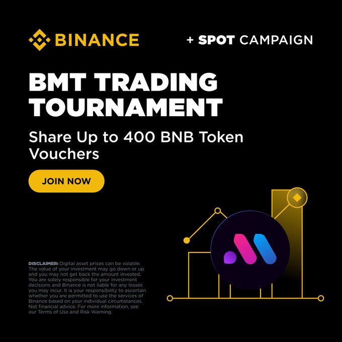 The image is a Binance promotional graphic for the "BMT Trading Tournament," advertising a chance to win a share of up to 400 BNB token vouchers by trading BMT, with a "Join Now" button and the Binance logo prominently displayed. This directly supports the accompanying post by visually highlighting the campaign's key details—BMT, Binance, and the 400 BNB reward—with a clear call-to-action.