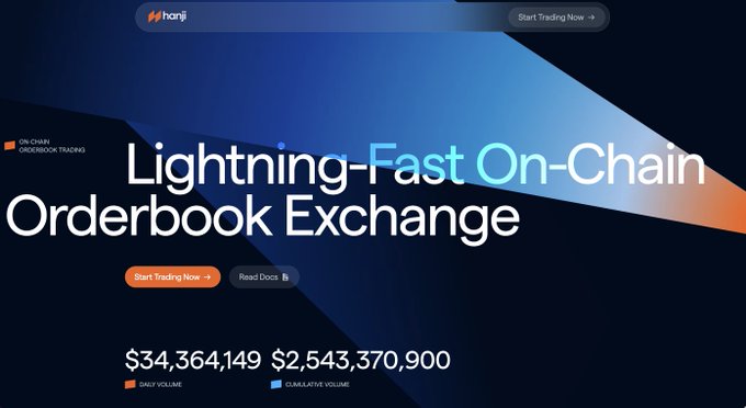 A website banner for 'hanji' advertising a 'Lightning-Fast On-Chain Orderbook Exchange' displaying $34,364,149 daily volume and $2,543,370,900 cumulative volume.