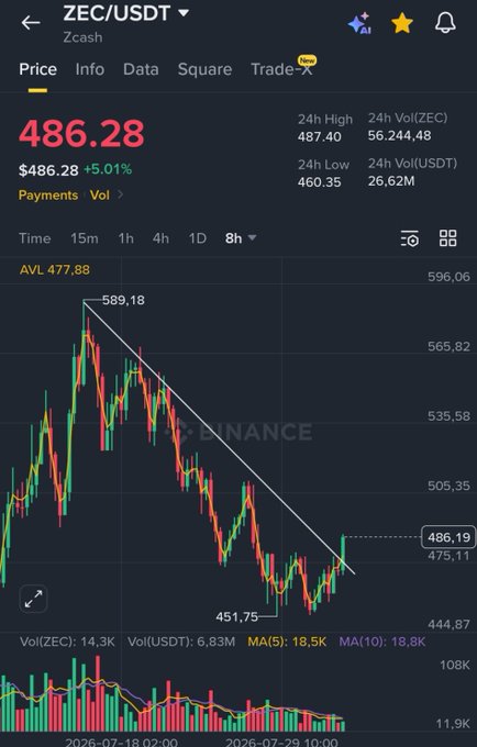 A Binance trading chart for **ZEC/USDT (Zcash)** shows the price at **$486.28**, up **+5.01%**, with an 8-hour candlestick view revealing a downtrend from a high of **589.18** to a low of **451.75**, now bouncing toward the descending trendline. The post highlights $ZEC's recent recovery attempt after a sharp decline.