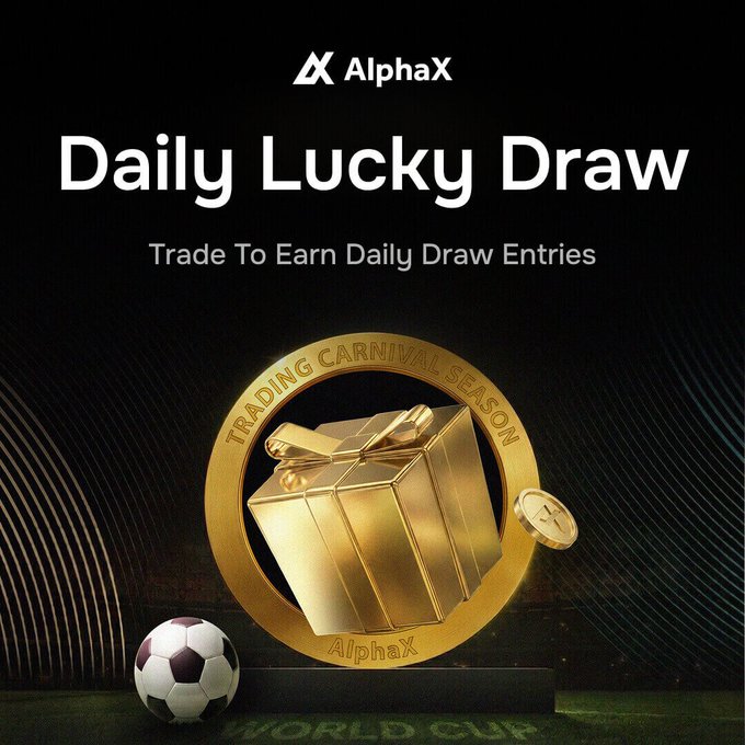 AlphaX promotional graphic for 'Daily Lucky Draw - Trade To Earn Daily Draw Entries' featuring a gold medal with 'TRADING CARNIVAL SEASON' and a soccer ball