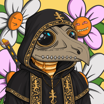 An illustration features a hooded plague doctor character with a beaked mask, large eyes, and a golden lizard emblem on its black robe, set against a floral background with smiling flower faces.