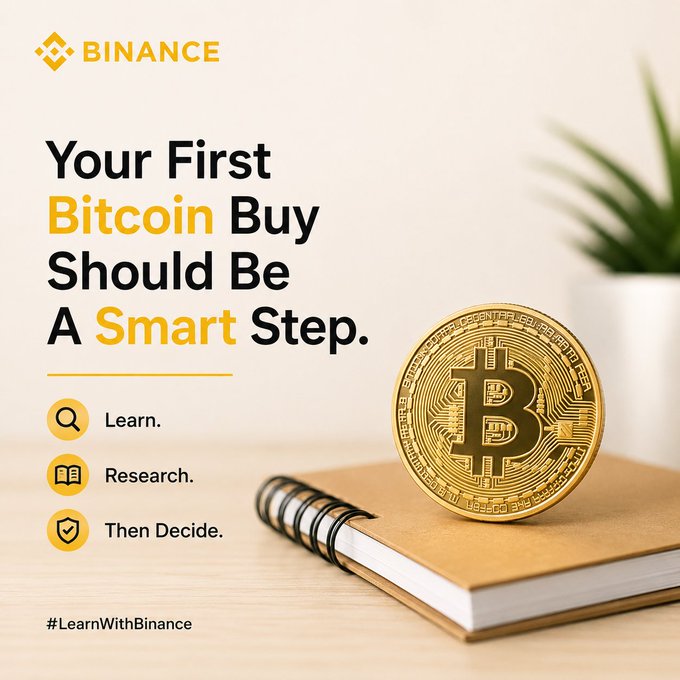 A Binance advertisement with the text 'Your First Bitcoin Buy Should Be A Smart Step.' alongside icons for 'Learn', 'Research', and 'Then Decide', featuring a physical Bitcoin on a notebook.