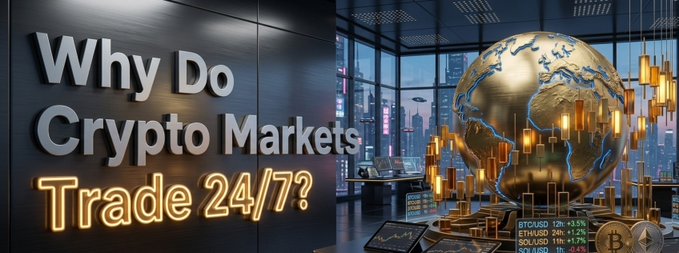 A YouTube-style thumbnail asking 'Why Do Crypto Markets Trade 24/7?' in large neon and white text, featuring a golden cracked globe, cityscape, and candlestick charts with BTCUSD, ETHUSD, and SOLUSD tickers.
