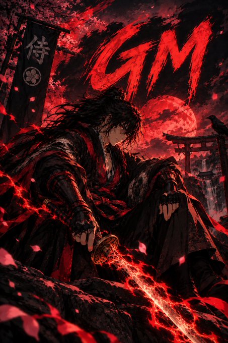 A dramatic red and black anime-style illustration of a samurai with long dark hair holding a glowing red sword, with the letters 'GM' in the sky and cherry blossom petals falling.