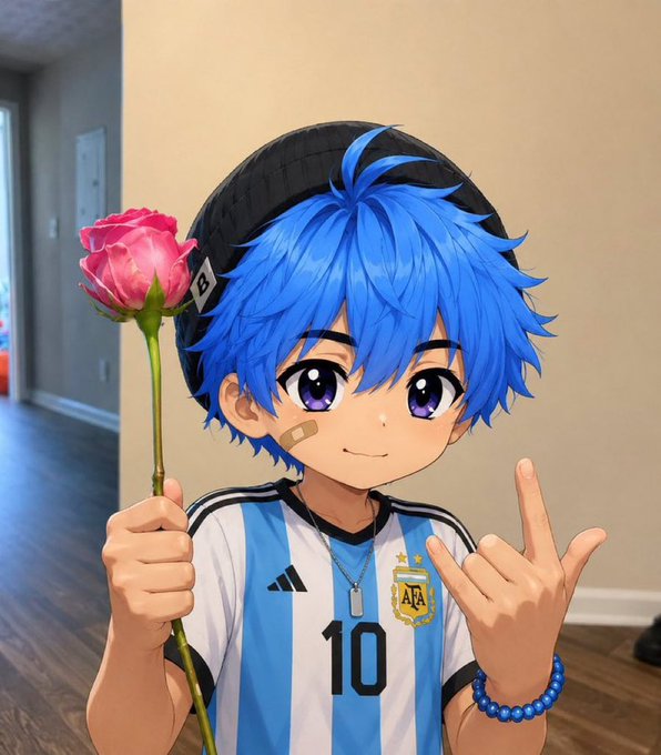 An anime-style illustration of a blue-haired boy wearing an Argentina soccer jersey (number 10) and a black beanie, holding a pink rose and making a hand gesture.