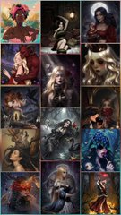 A collage of various dark, gothic-style portraits of women in elaborate, fantasy-like attire.