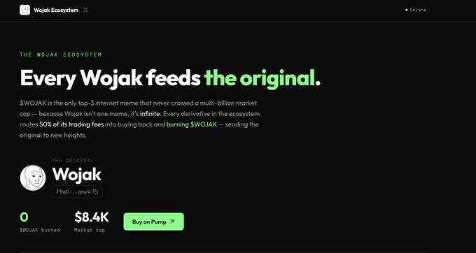 "WOJAK is an internet meme, but there's only one that ever got millions of likes. It has a funny description about a pump that never hits a billion tokens (16 live ones) for $64K and sells them on its own." The image shows the Wojak Ecosystem page, which contains information about the meme, along with details about how to browse and submit your own derivs or derivatives.