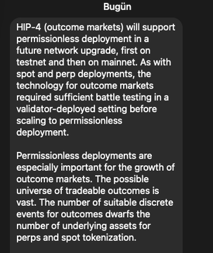 The image is a tweet from "Bugün" discussing how HIP-4 outcome markets will support permissionless deployment, first on testnet and then mainnet, noting that validators must approve sufficient battle testing in a validator-deployed setting before scaling to permissionless economics. It complements the post by emphasizing the progression from validator-controlled to permissionless deployment, a key feature of Hyperliquid's HIP-4 outcome markets rollout.