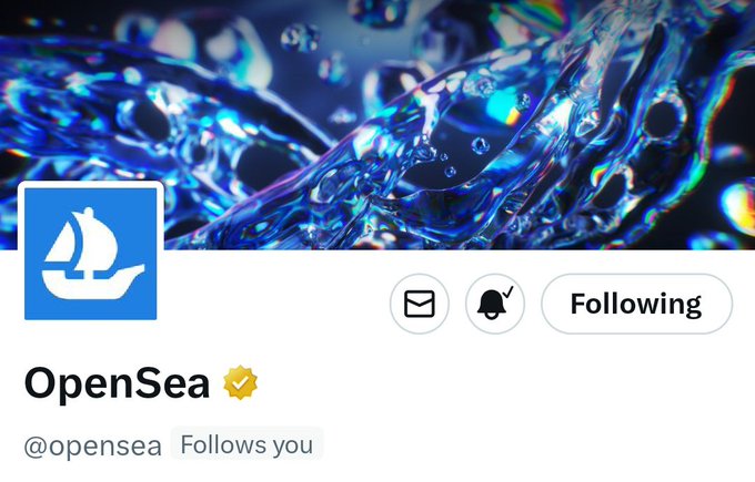 A Twitter profile page for "OpenSea" (@opensea) with a verified checkmark, shown with a blue sailboat logo on a left-side avatar and a dark blue water/glass banner image. The interface displays "Following" and "Follows you" indicators, relating to the post celebrating that OpenSea has followed the user's account.