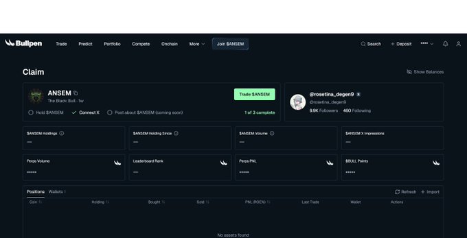 A screenshot of Bullpen's "Claim" page for $ANSEM showing requirements (hold $ANSEM, connect X, and posting about $ANSEM coming soon) with a "1 of 3 complete" status, alongside the trade interface for @rosettina_degen3 who holds 5.9K and follows 460 accounts. The image illustrates the platform's new active distribution model where users must hold tokens, link socials, and create content to qualify for airdrop claims—transforming passive farming into engagement-driven rewards.