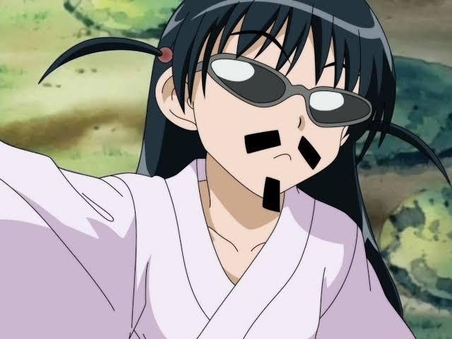 An anime character with long black hair wearing dark sunglasses and a white/lavender kimono-style outfit, with three black censor bars over their mouth.