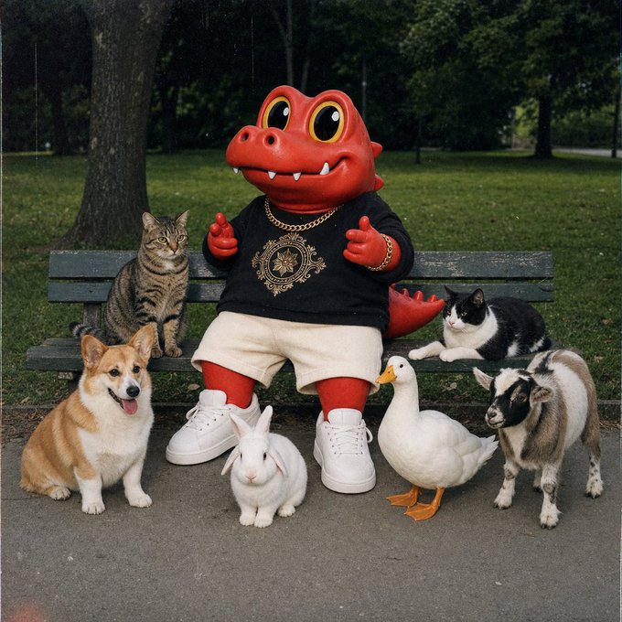 A whimsical image of a person in a red crocodile mascot costume wearing a black sweatshirt, gold chain, and white sneakers, sitting on a park bench surrounded by a corgi, cat, rabbit, duck, goat, and another cat.