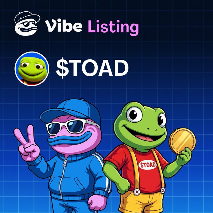 A vibrant promotional graphic for Vibe Listing featuring the "$TOAD" token, displaying a cartoon frog wearing a "STOAD" shirt holding a gold coin alongside a pink character in sunglasses making a peace sign, all set against a blue grid background that visually announces the token's launch on Vibe Trading.