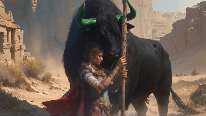 A warrior with a spear stands beside a massive black bull with glowing green horns in a desert canyon.