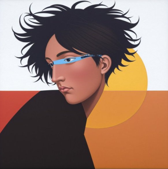 A stylized digital portrait of a person with windswept dark hair and futuristic blue visor-like sunglasses, set against a minimalist backdrop with a yellow circle and orange band, evoking the bold, graphic aesthetic often associated with NFT art collections.