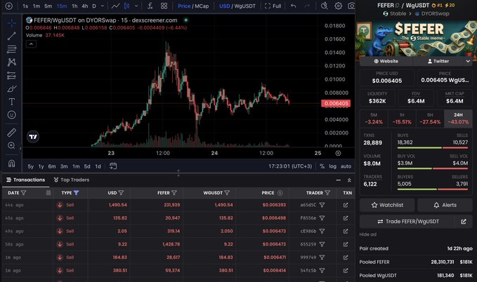 A DEX trading interface shows the FEFER/WgUSDT token pair on DYORSwap with a price chart, transaction history showing multiple sells, and a 24H change of -3.24%.