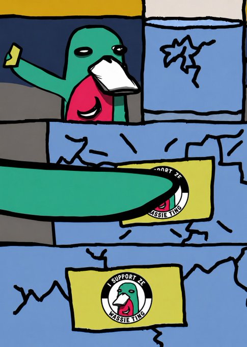 Cartoon illustration of a green duck-like character in a pink shirt peering over a wall, with stickers below showing a muscular arm and text reading 'I SUPPORT THE MASSIE TING'.