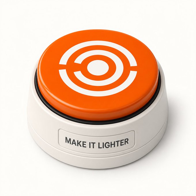 The image features a button with an orange border, which has a white circle design on it. Below the button, there's text that reads "Make It Lighter" followed by a line of code that says "press this when the chain gets too slow or too expensive". The button and its accompanying text are set against a plain white background.

The image is a simple yet effective way to convey an important message about the importance of maintaining one's equipment, such as a bicycle chain, in good condition by replacing it when necessary.